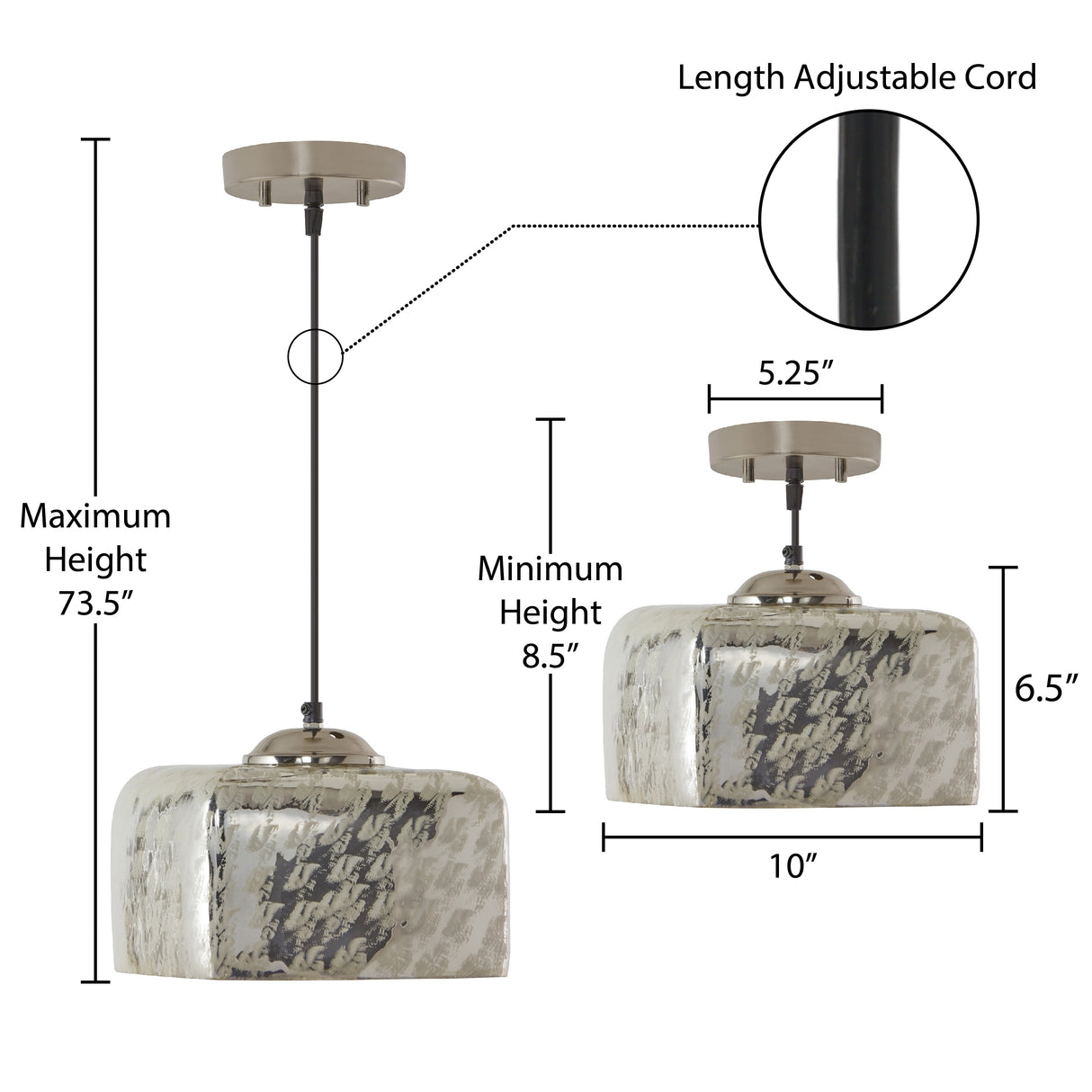 Nadya River of Goods Painted Silver Glass and Metal Square Shade Pendant Light - 10"x 10"x 8.5/73.5"