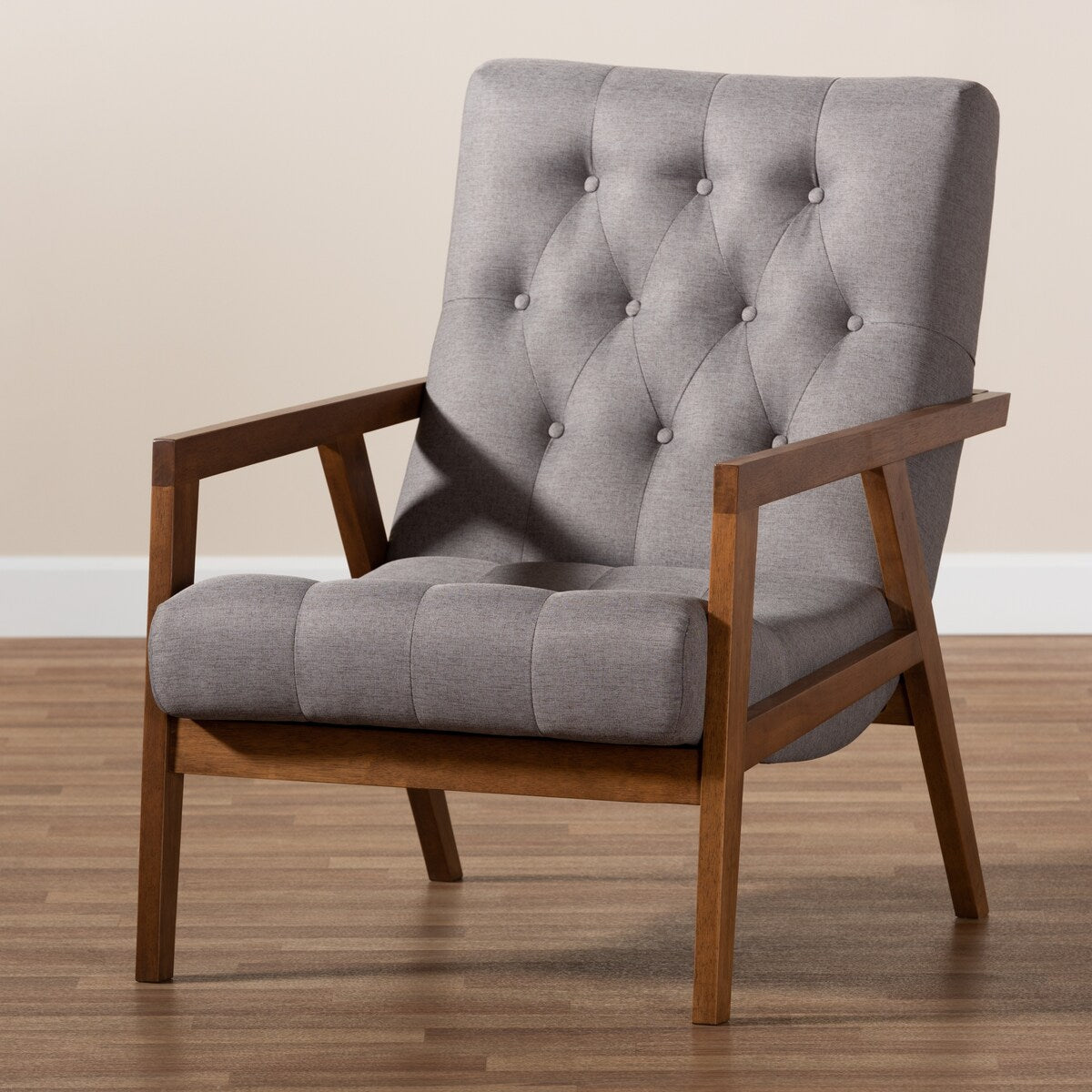 Naeva Mid-Century Modern Grey Fabric Upholstered Walnut Finished Wood Armchair