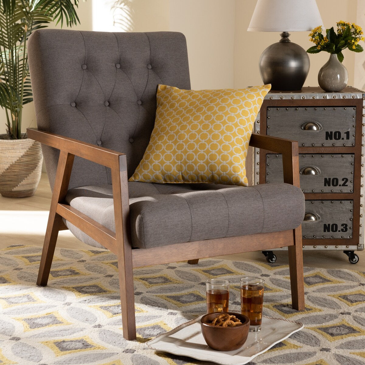 Naeva Mid-Century Modern Grey Fabric Upholstered Walnut Finished Wood Armchair