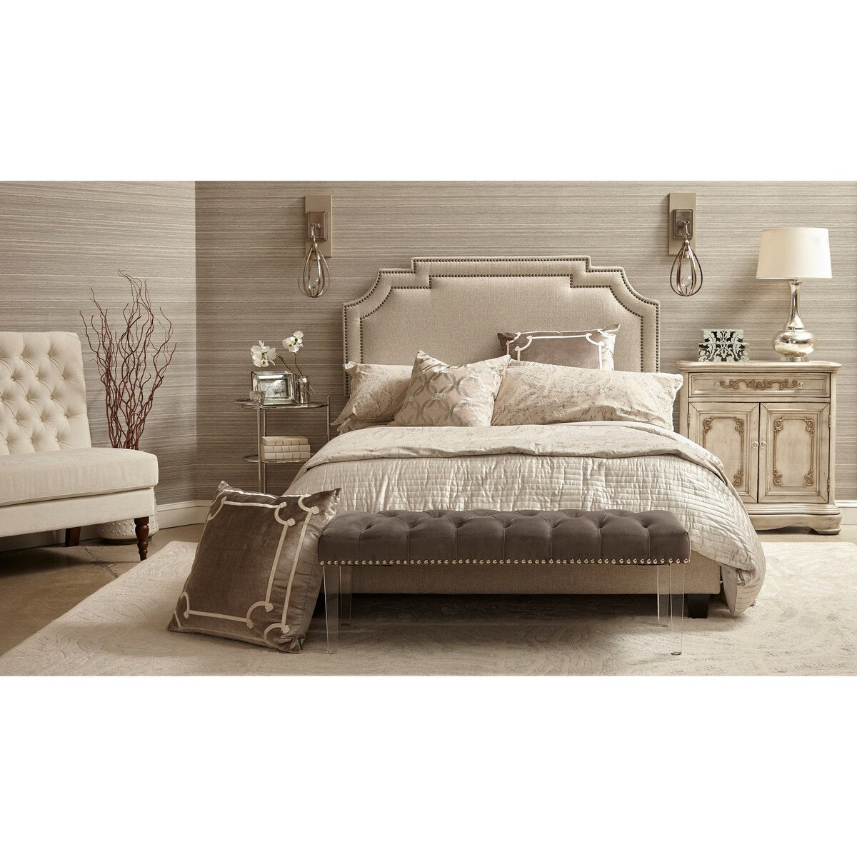 Nailhead Marquee Upholstered King Bed in Beige