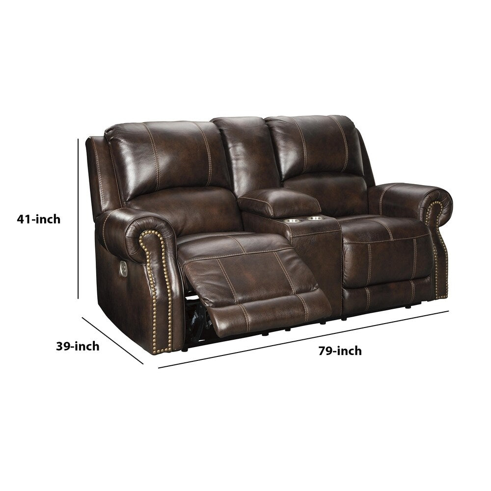 Nailhead Trim Leatherette Power Recliner Loveseat with Console, Dark Brown