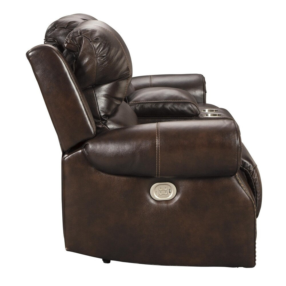 Nailhead Trim Leatherette Power Recliner Loveseat with Console, Dark Brown
