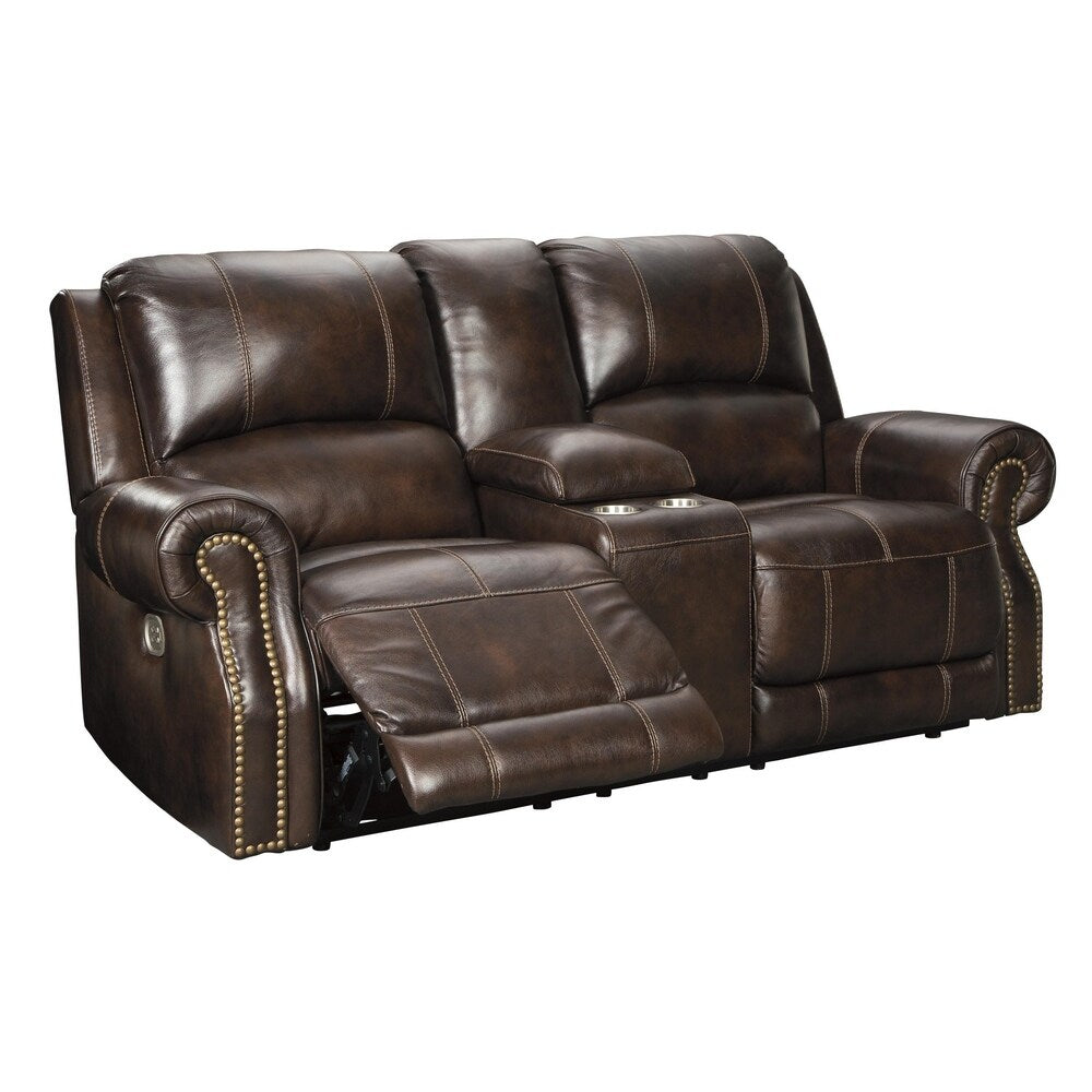 Nailhead Trim Leatherette Power Recliner Loveseat with Console, Dark Brown