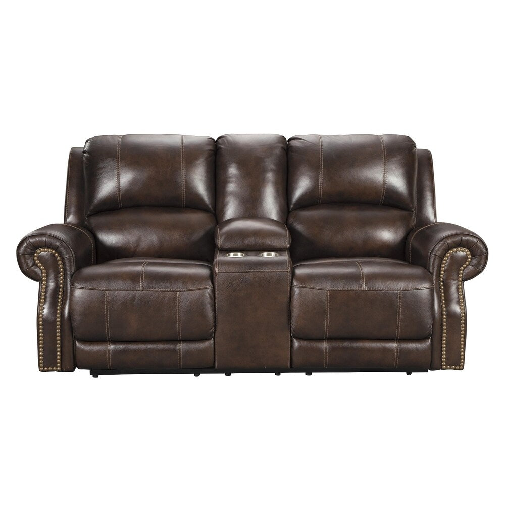 Nailhead Trim Leatherette Power Recliner Loveseat with Console, Dark Brown