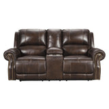 Nailhead Trim Leatherette Power Recliner Loveseat with Console, Dark Brown