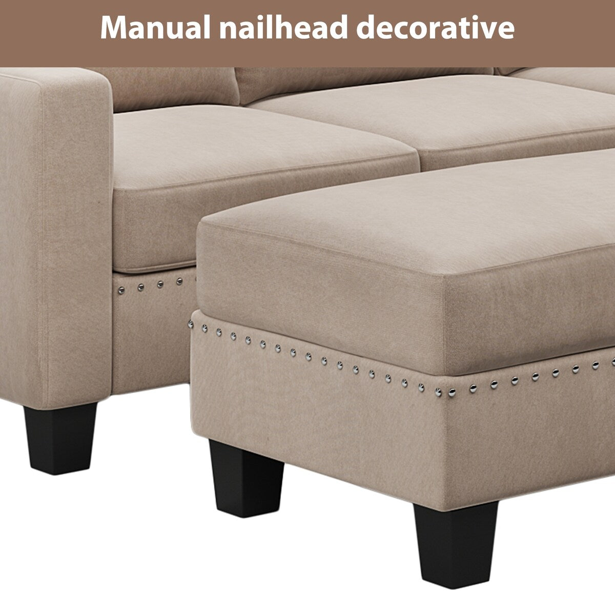 Nailheaded Textured Fabric 3 pieces Sofa Set, L Sectional Sofa with Ottoman,Reversible Storage Chaise
