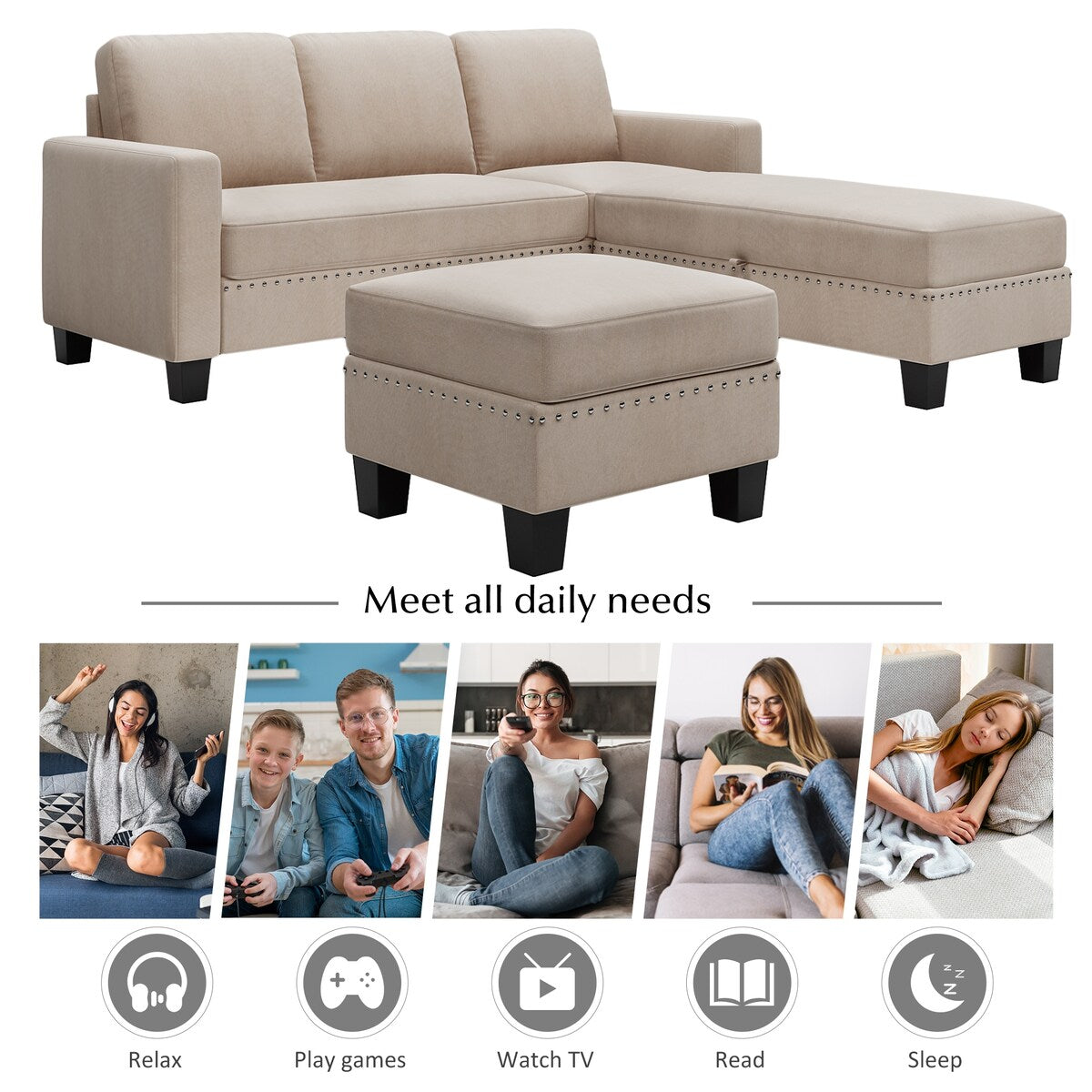 Nailheaded Textured Fabric 3 pieces Sofa Set, L Sectional Sofa with Ottoman,Reversible Storage Chaise