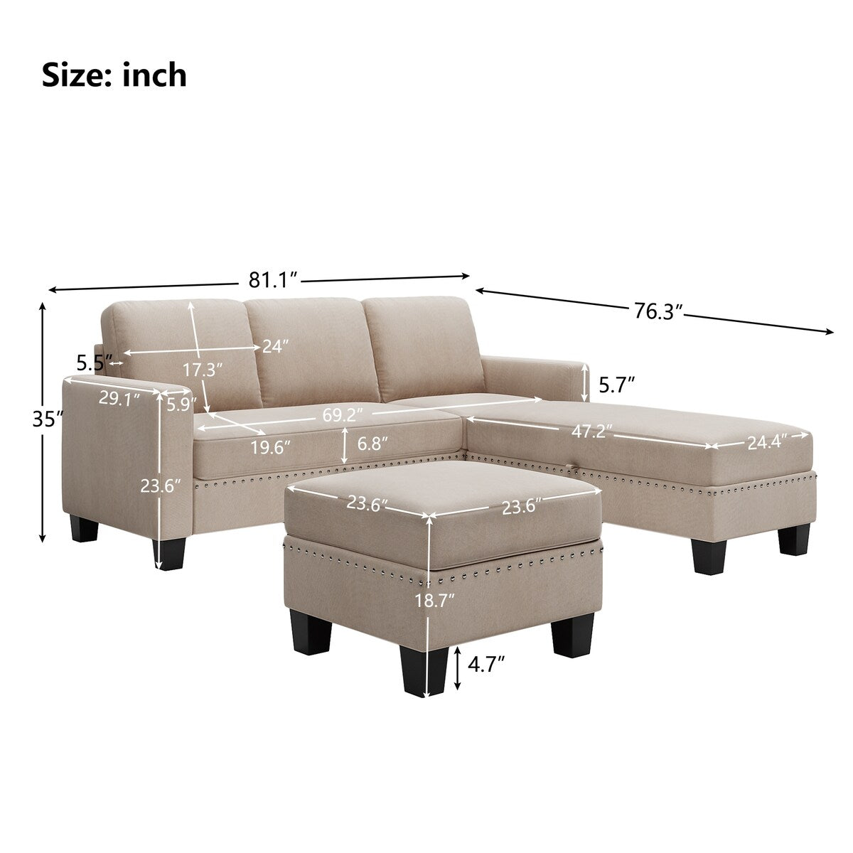 Nailheaded Textured Fabric 3 pieces Sofa Set, L Sectional Sofa with Ottoman,Reversible Storage Chaise