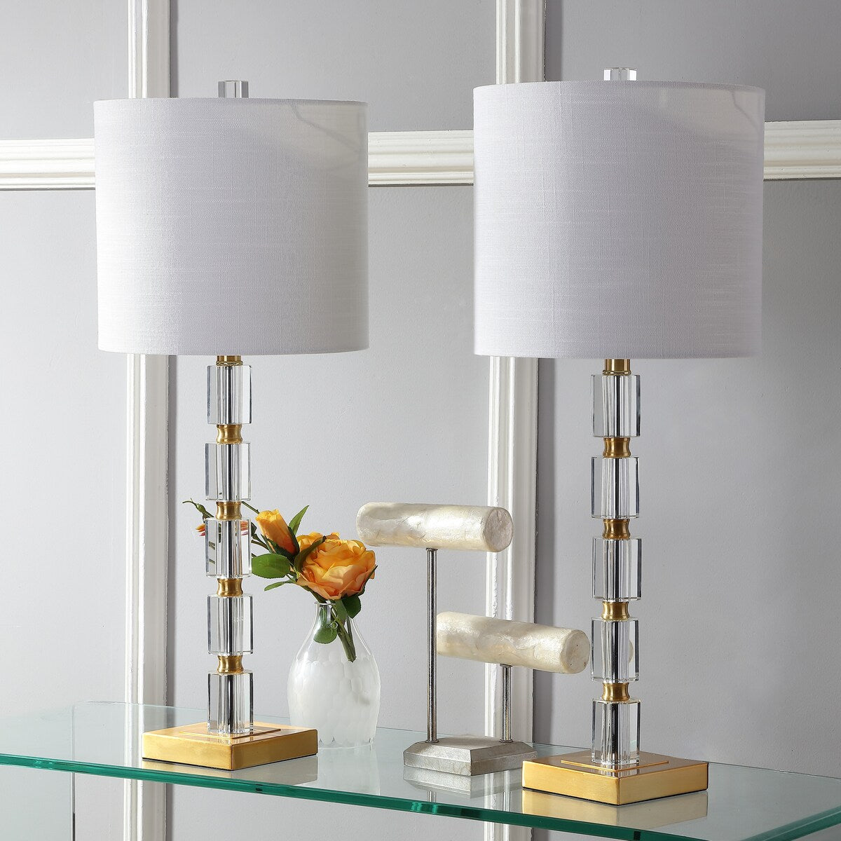 Nala 28.5" Crystal LED Table Lamp, Clear/Brass (Set of 2) by JONATHAN Y