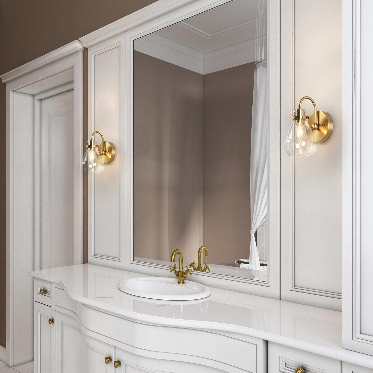 Nalia Modern Brass Gold Bathroom Vanity Light Linear Glass Wall Sconces for Powder Room