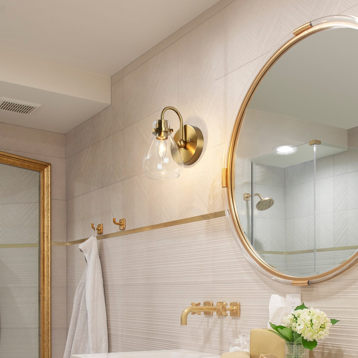 Nalia Modern Brass1-Light Wall Sconces Dimmable French Country Glass Bathroom Vanity Light