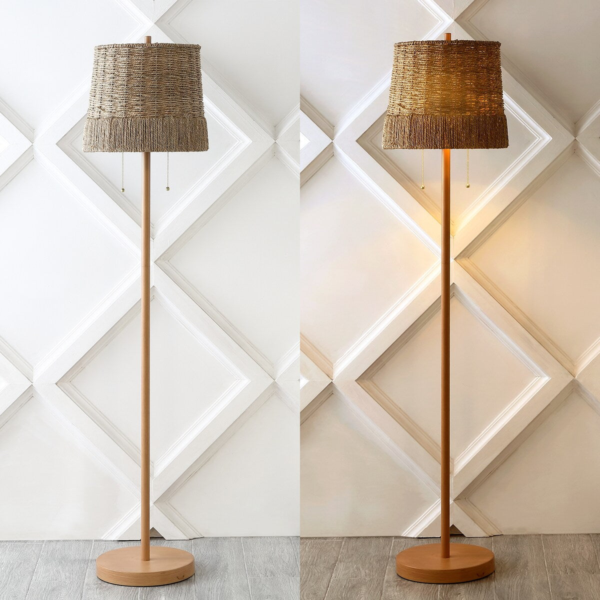 Nando 61" 2-Light Coastal Bohemian Iron/Rattan LED Floor Lamp with Pull-Chain, Brown Wood Finish by JONATHAN Y