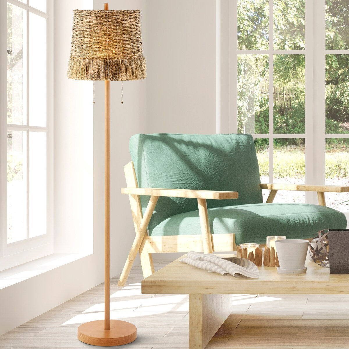 Nando 61" 2-Light Coastal Bohemian Iron/Rattan LED Floor Lamp with Pull-Chain, Brown Wood Finish by JONATHAN Y