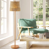 Nando 61" 2-Light Coastal Bohemian Iron/Rattan LED Floor Lamp with Pull-Chain, Brown Wood Finish by JONATHAN Y