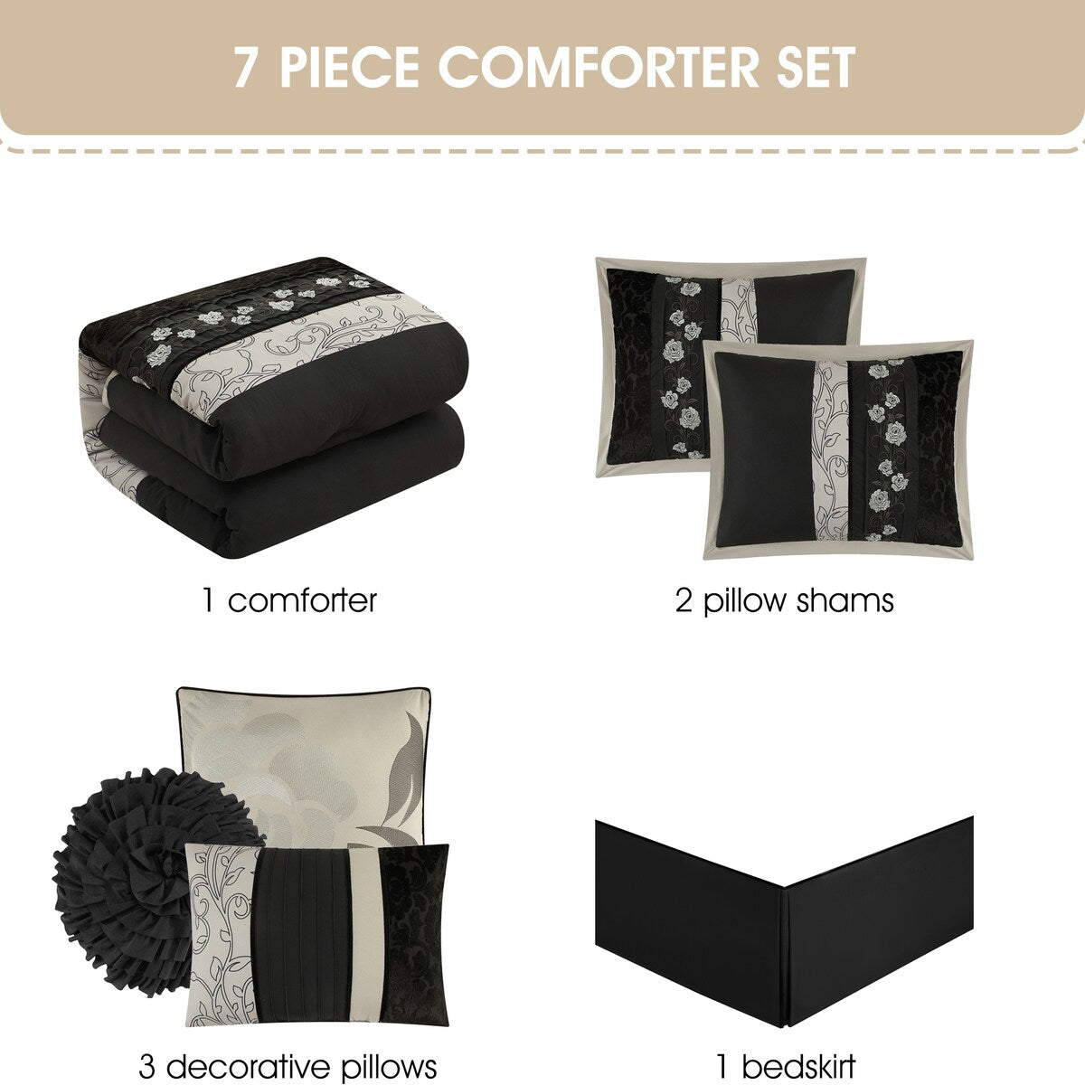 Nanshing Stella Black 7-Piece Roses Design Comforter Set