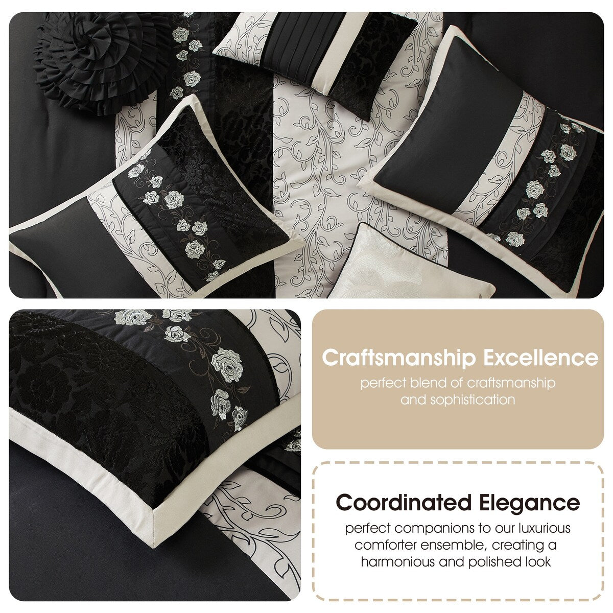 Nanshing Stella Black 7-Piece Roses Design Comforter Set