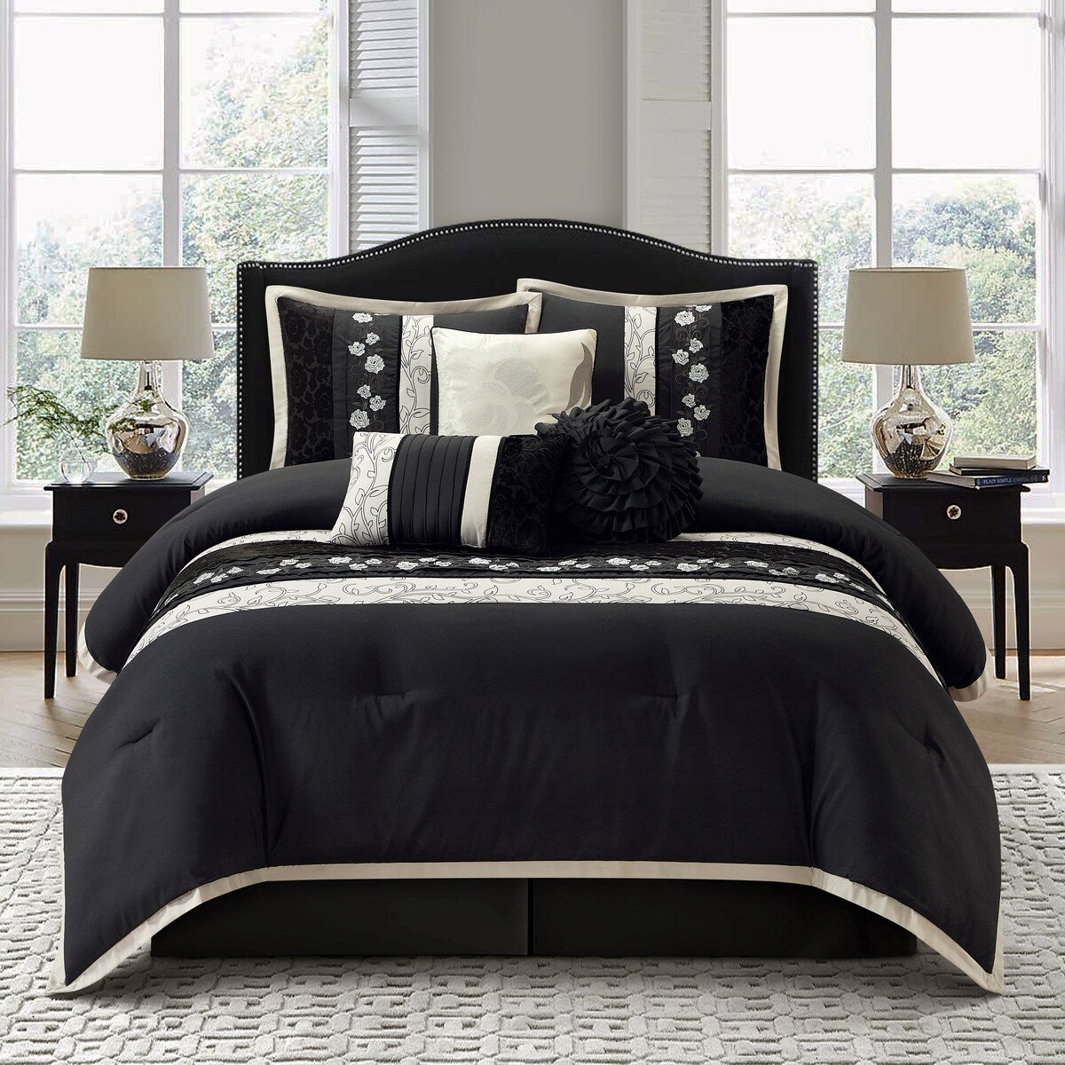 Nanshing Stella Black 7-Piece Roses Design Comforter Set