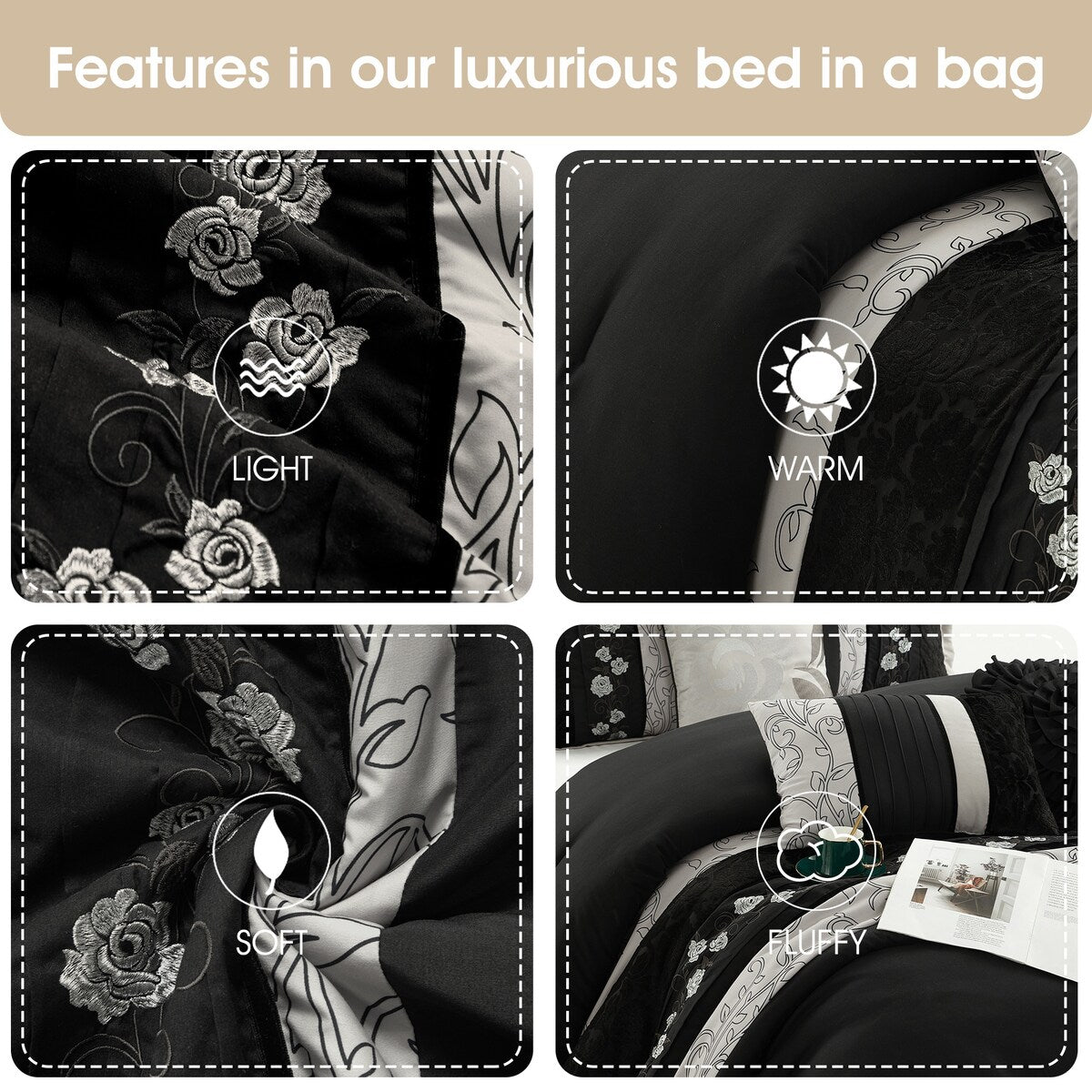 Nanshing Stella Black 7-Piece Roses Design Comforter Set