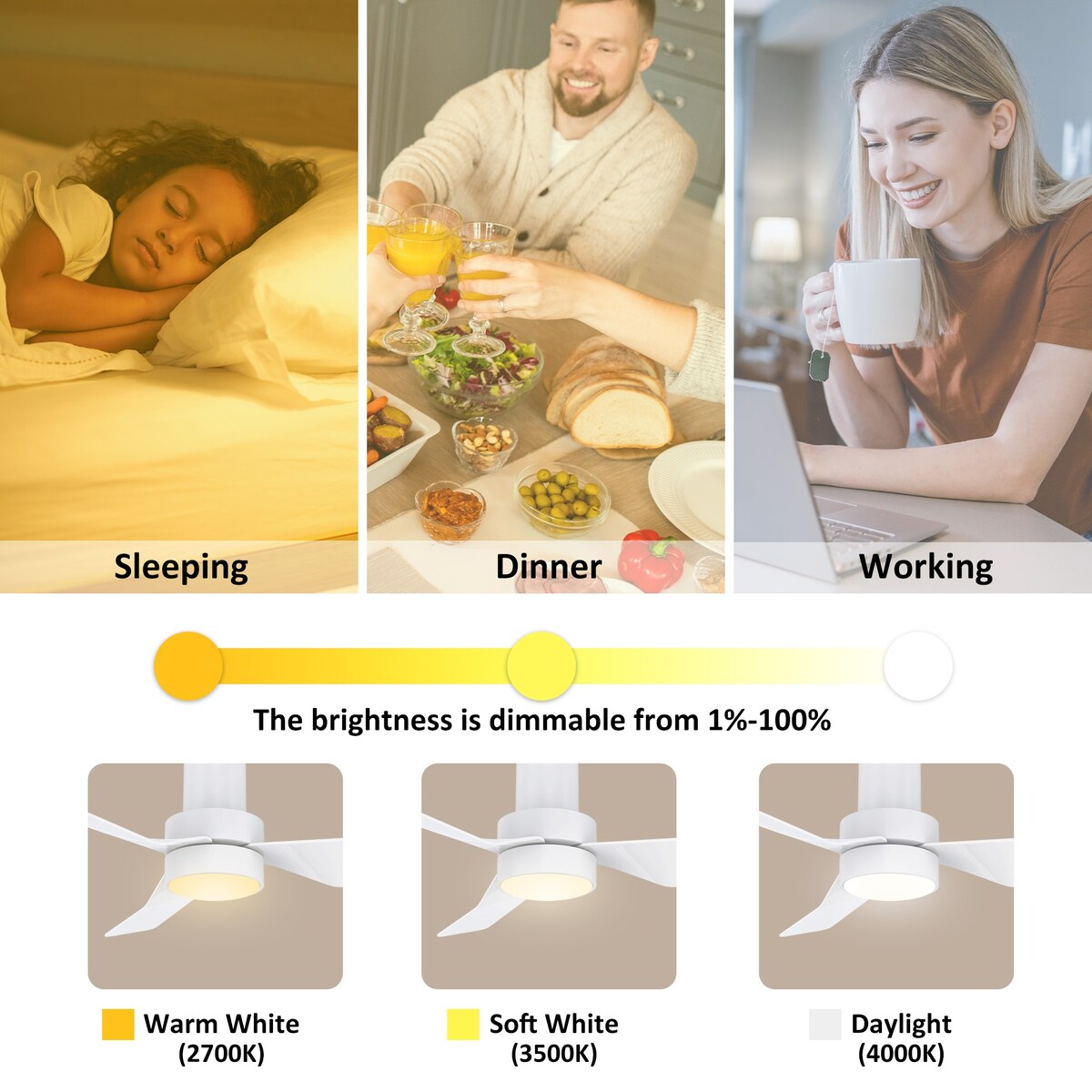 Nantes 44-inch Indoor Ceiling Fan with Remote,Dimmable LED Light Kit and Reversible DC Motor - N/A