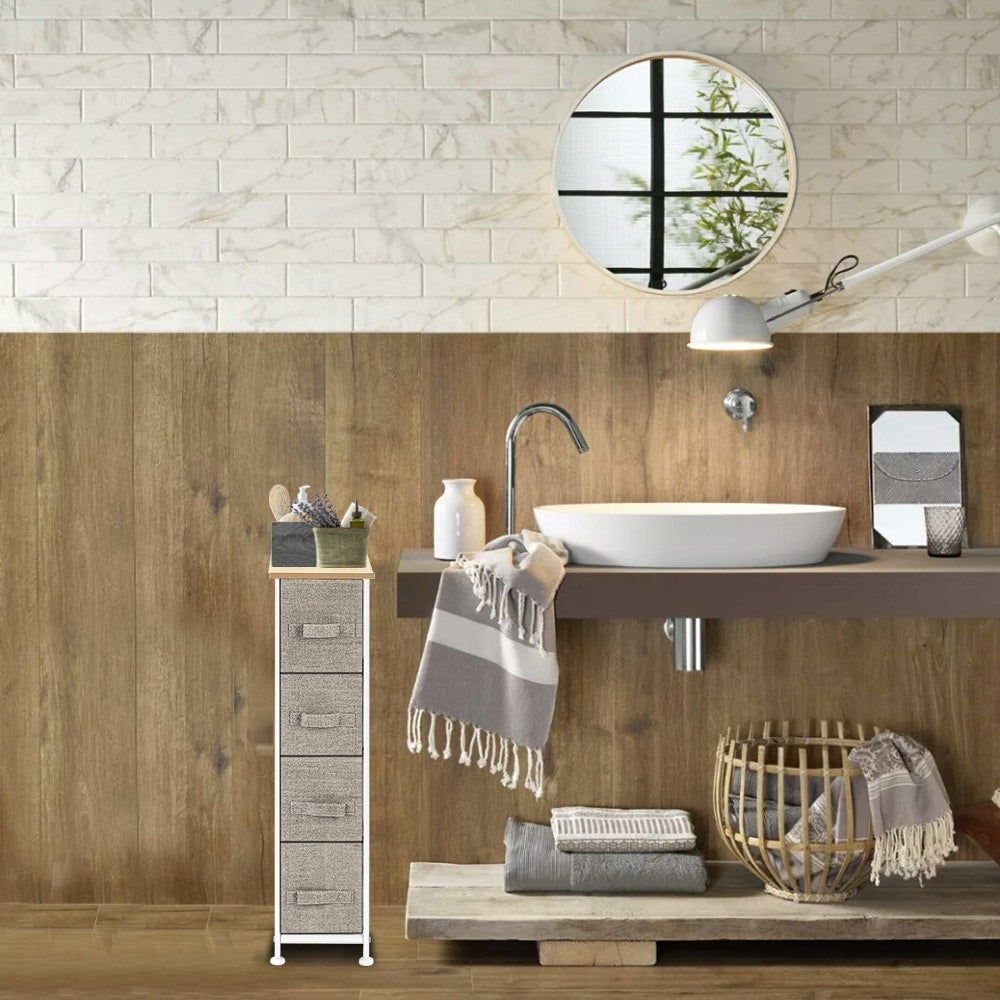 Narrow Dresser, Vertical Storage Unit With 4 Fabric Drawers, Metal Frame, Slim Storage Tower, 7.9" Width, For Living Room