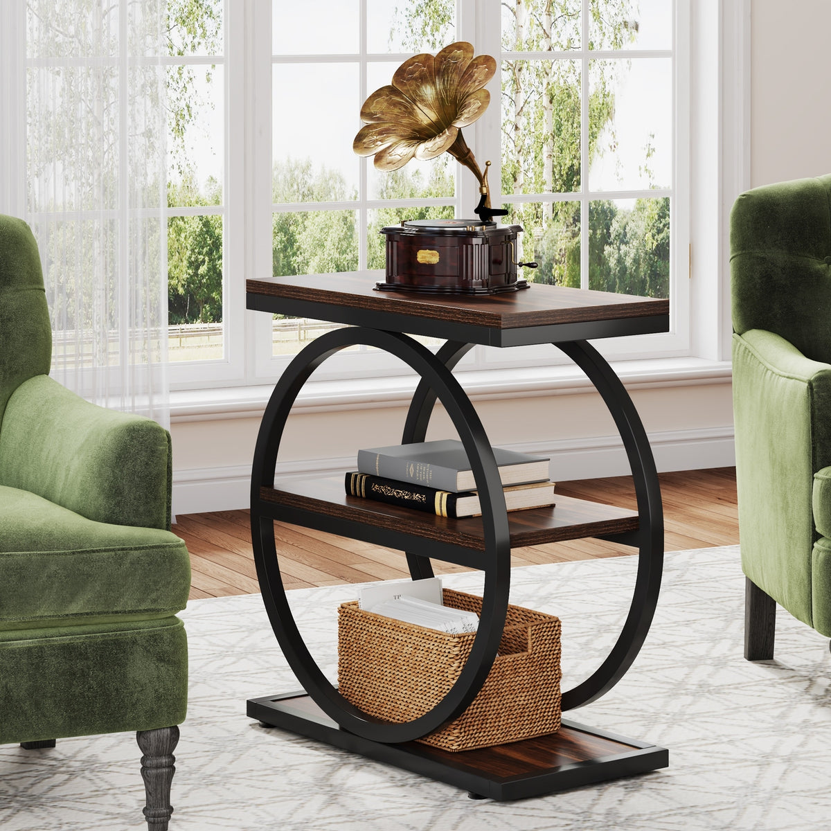 Narrow End Table with 3 Storage Shelves, Wood Side Table for Living Ro