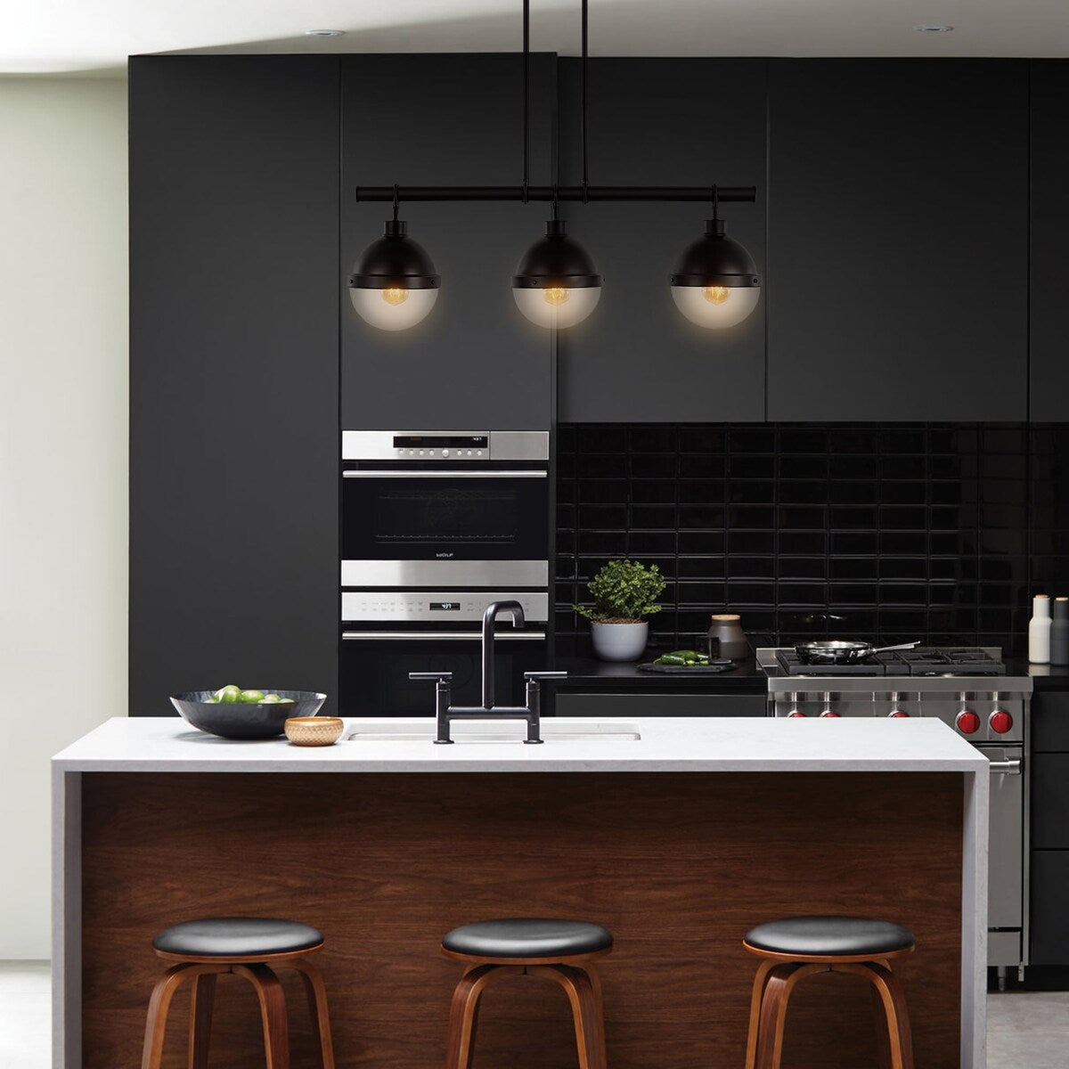 Nathan 33" 3-Light Industrial Farmhouse Iron/Glass Linear LED Pendant, Oil Rubbed Bronze/Clear by JONATHAN Y - 3 Light