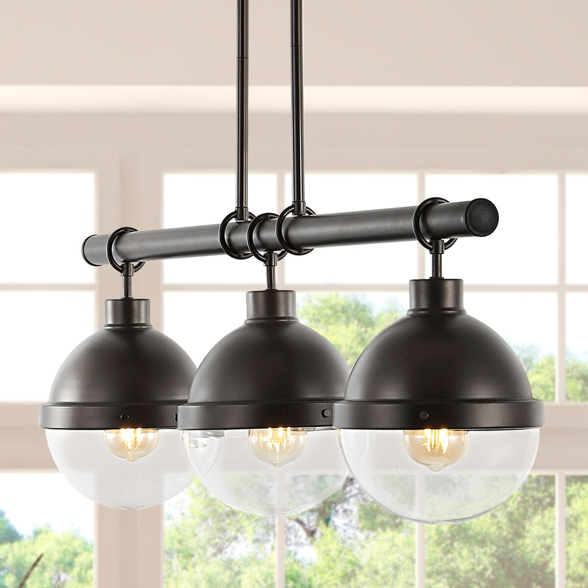 Nathan 33" 3-Light Industrial Farmhouse Iron/Glass Linear LED Pendant, Oil Rubbed Bronze/Clear by JONATHAN Y - 3 Light