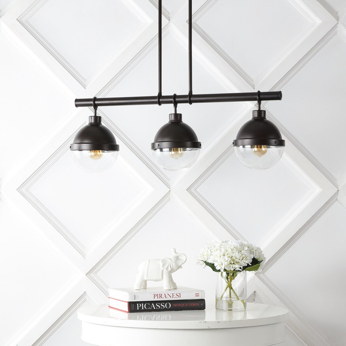 Nathan 33" 3-Light Industrial Farmhouse Iron/Glass Linear LED Pendant, Oil Rubbed Bronze/Clear by JONATHAN Y - 3 Light