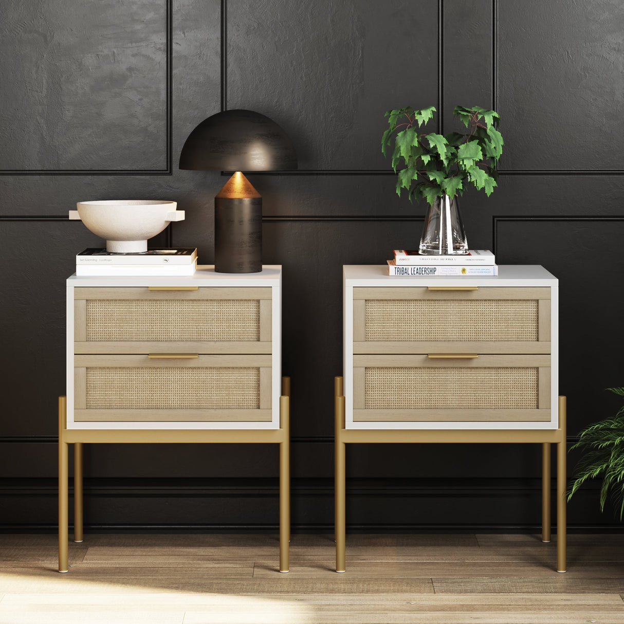 Nathan James Andrew Rattan End Side Table Storage Doors Gold Accents