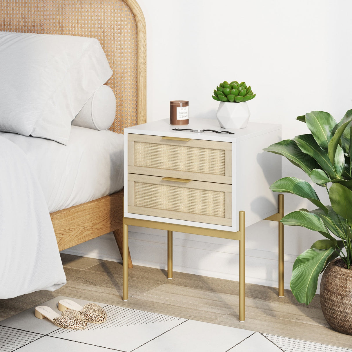 Nathan James Andrew Rattan End Side Table Storage Doors Gold Accents