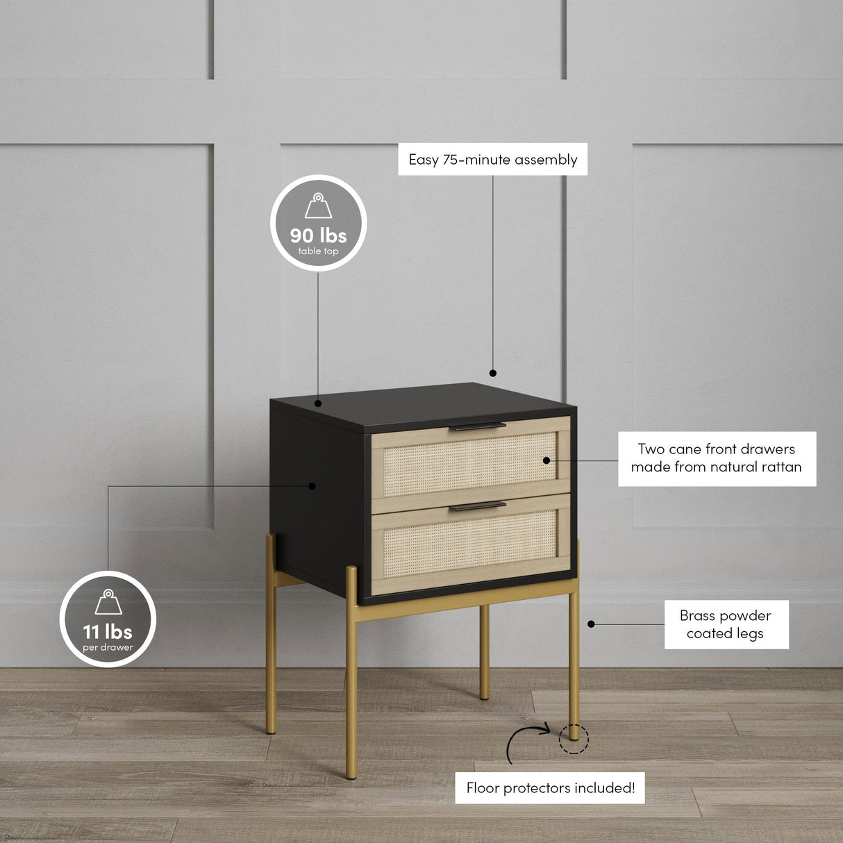 Nathan James Andrew Rattan End Side Table Storage Doors Gold Accents
