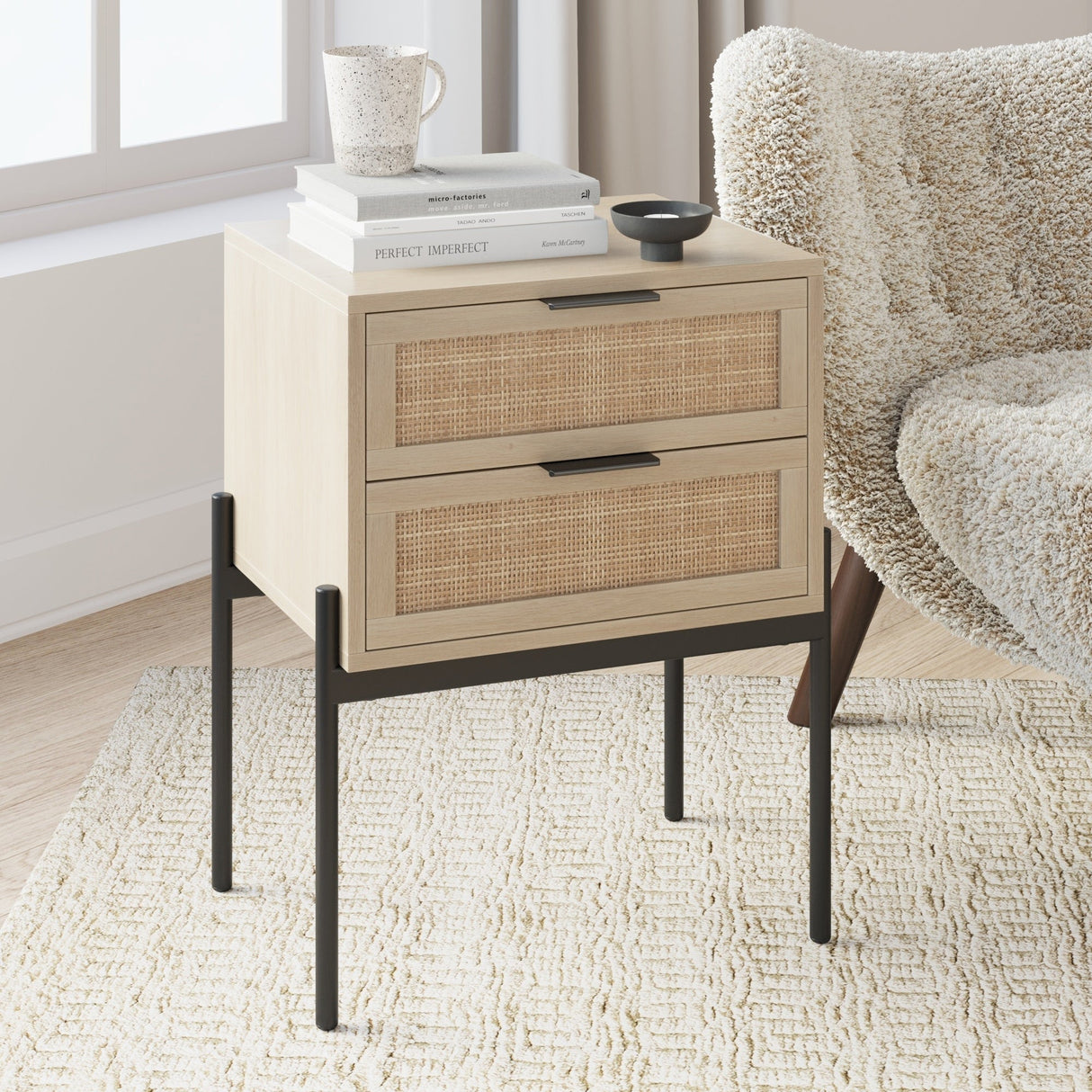 Nathan James Andrew Rattan End Side Table Storage Doors Gold Accents