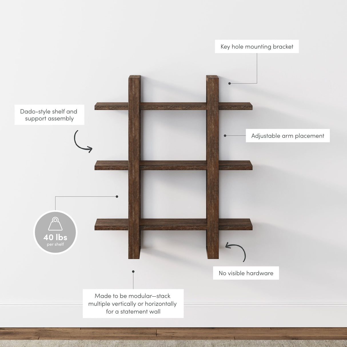 Nathan James Benji Floating Wall Book Shelves, 3-Tier Display Shelf, Decorative Modular Shelf in Solid Wood