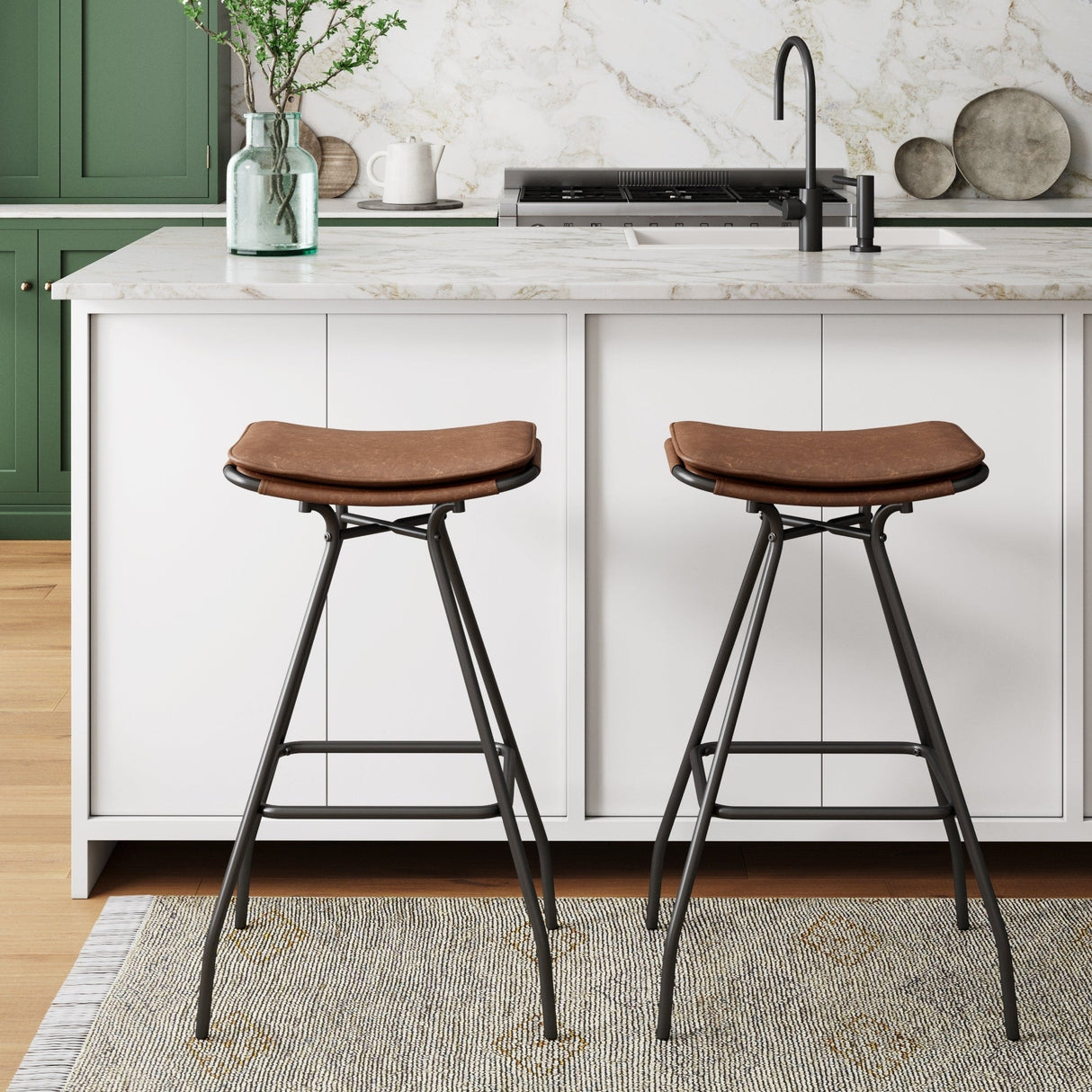Nathan James Dominique Industrial Backless Kitchen Bar Stool with Brown Leather Saddle Seat and Metal Base