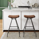 Nathan James Dominique Industrial Backless Kitchen Bar Stool with Brown Leather Saddle Seat and Metal Base