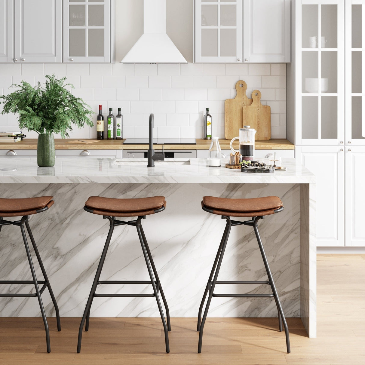 Nathan James Dominique Industrial Backless Kitchen Bar Stool with Brown Leather Saddle Seat and Metal Base