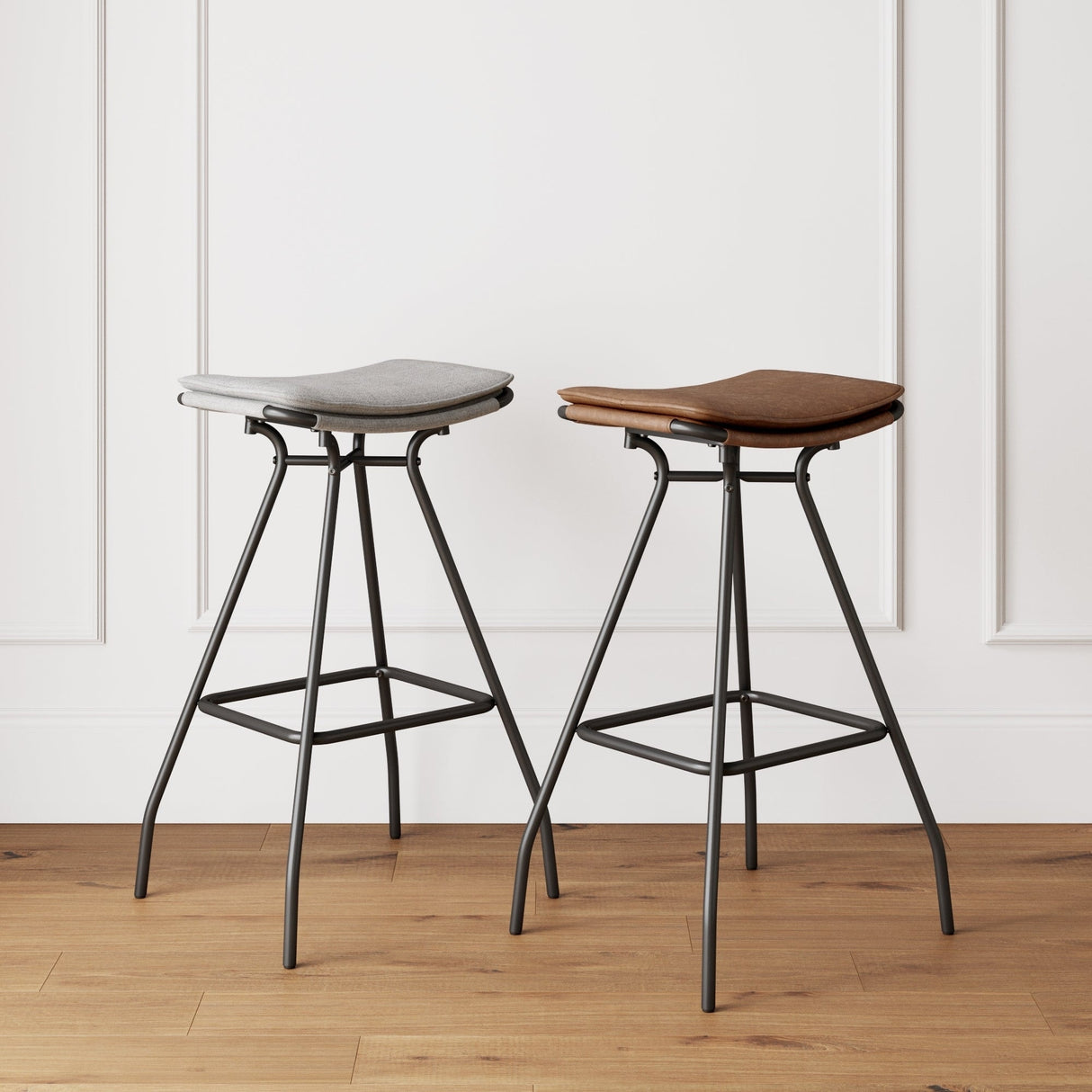 Nathan James Dominique Industrial Backless Kitchen Bar Stool with Brown Leather Saddle Seat and Metal Base