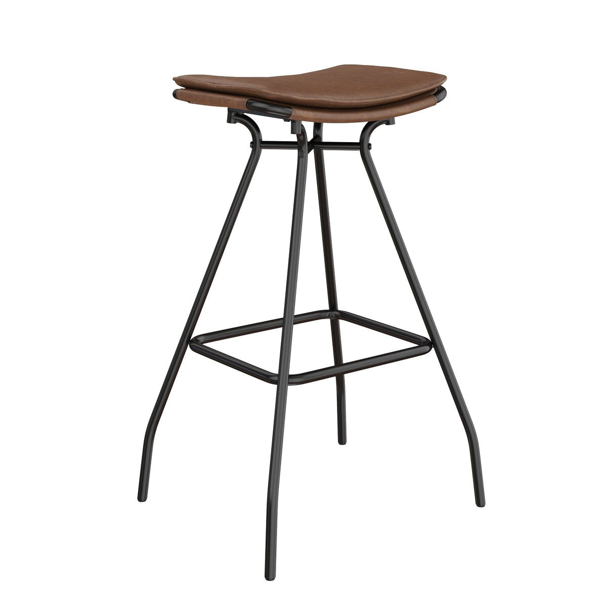 Nathan James Dominique Industrial Backless Kitchen Bar Stool with Brown Leather Saddle Seat and Metal Base