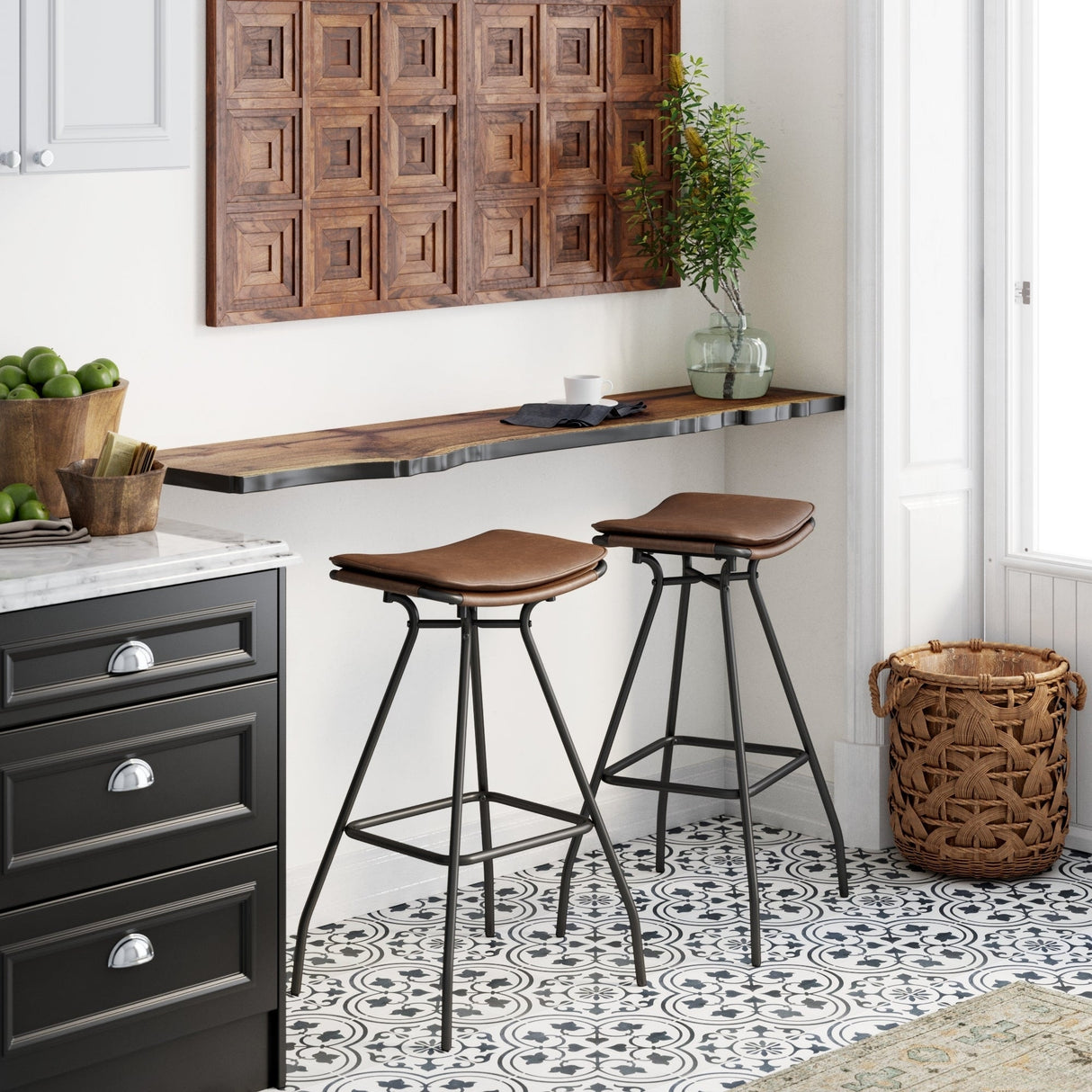 Nathan James Dominique Industrial Backless Kitchen Bar Stool with Brown Leather Saddle Seat and Metal Base
