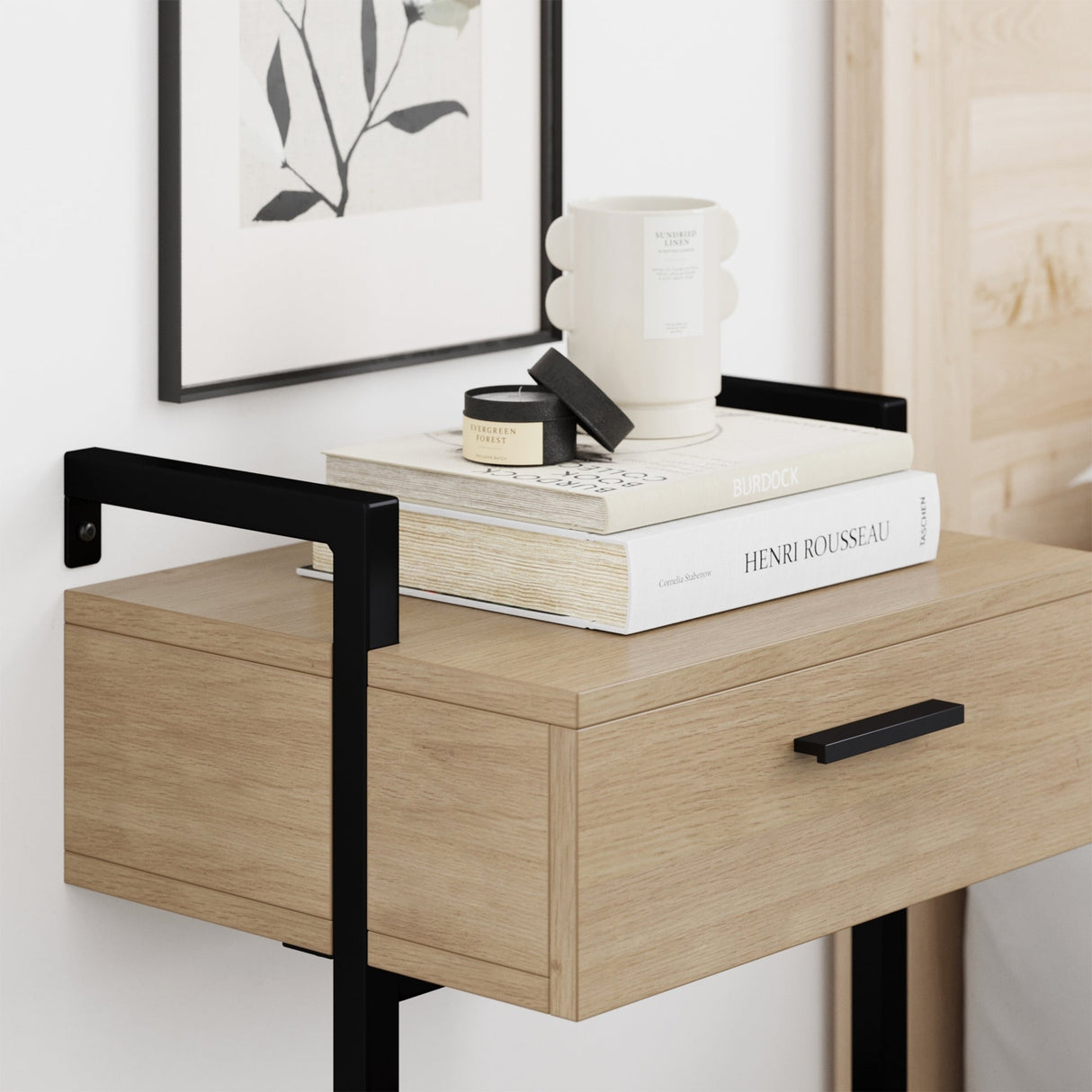 Nathan James Jenny Rustic Wall Mount Nightstand with Drawer and Storage Shelf