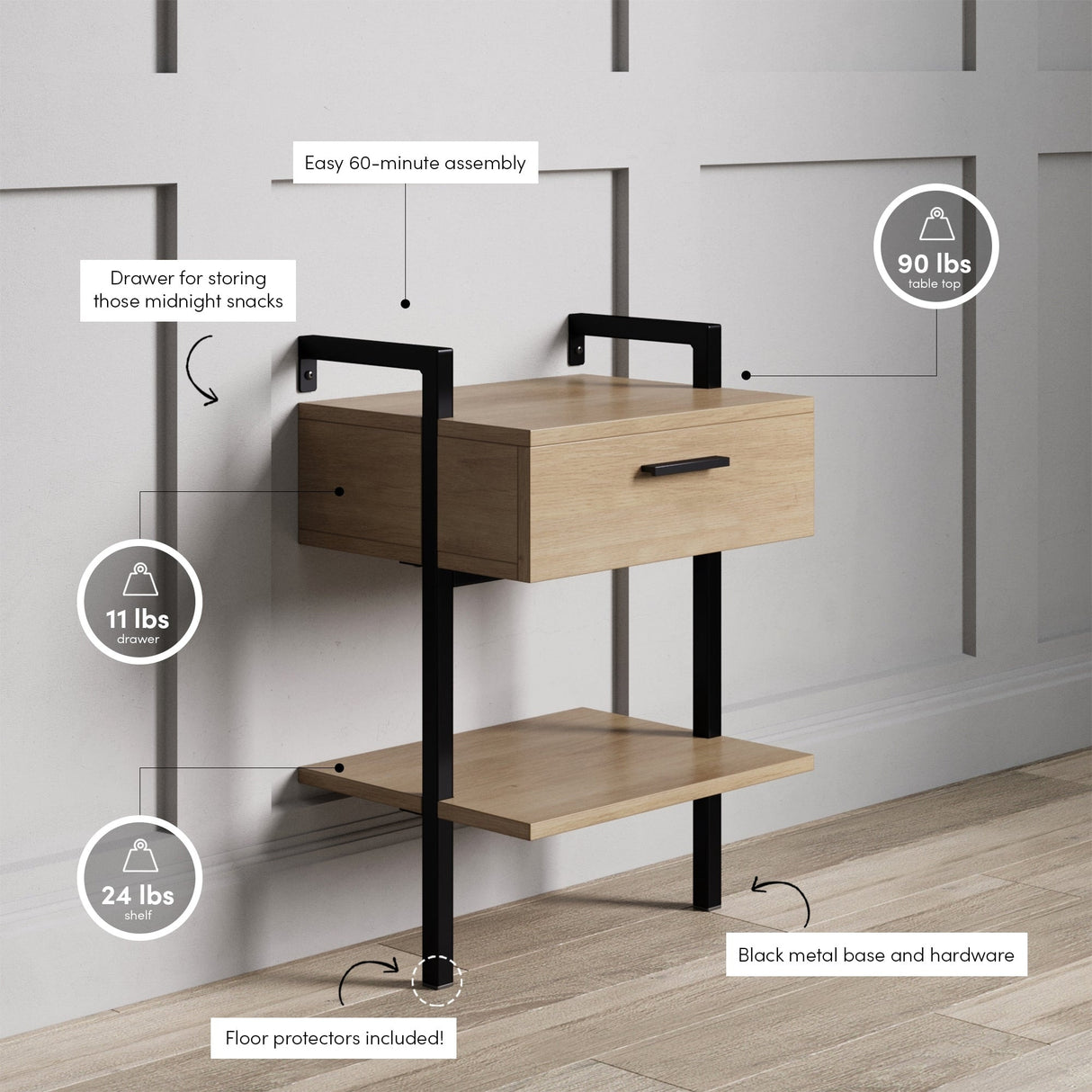 Nathan James Jenny Rustic Wall Mount Nightstand with Drawer and Storage Shelf