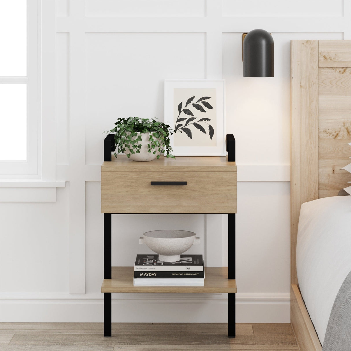 Nathan James Jenny Rustic Wall Mount Nightstand with Drawer and Storage Shelf