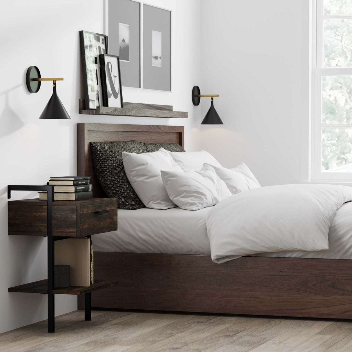 Nathan James Jenny Rustic Wall Mount Nightstand with Drawer and Storage Shelf