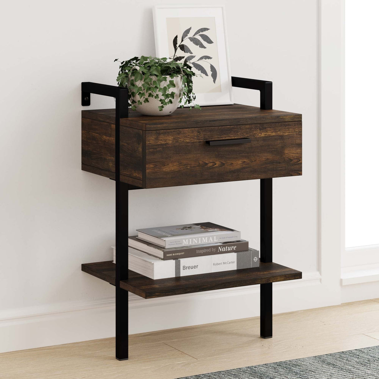 Nathan James Jenny Rustic Wall Mount Nightstand with Drawer and Storage Shelf