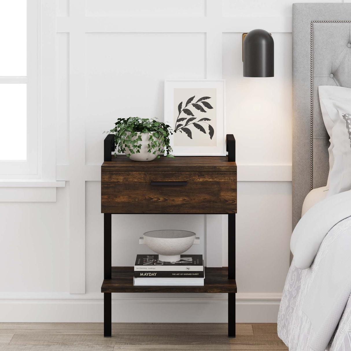Nathan James Jenny Rustic Wall Mount Nightstand with Drawer and Storage Shelf