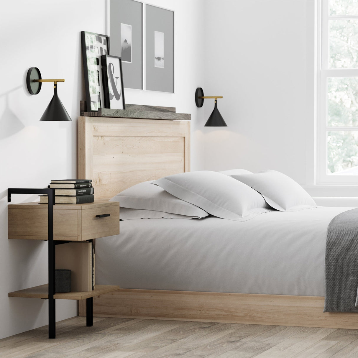 Nathan James Jenny Rustic Wall Mount Nightstand with Drawer and Storage Shelf