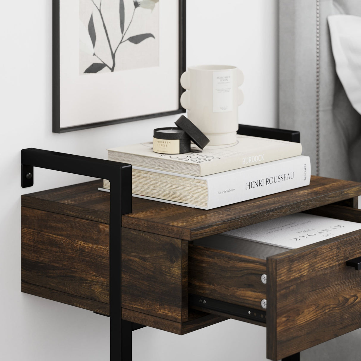 Nathan James Jenny Rustic Wall Mount Nightstand with Drawer and Storage Shelf