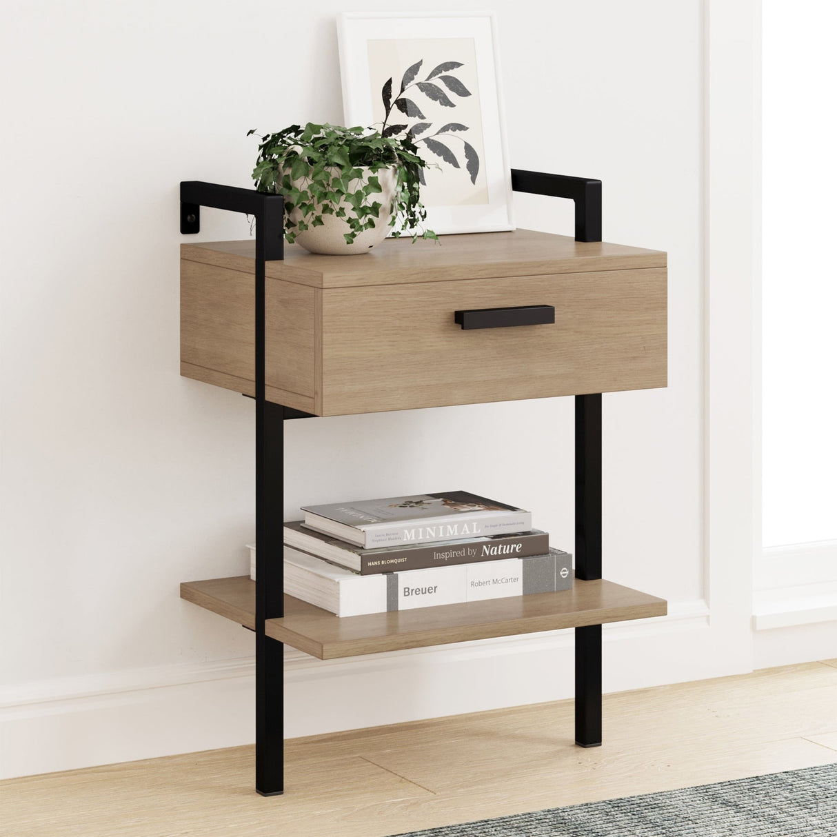 Nathan James Jenny Rustic Wall Mount Nightstand with Drawer and Storage Shelf