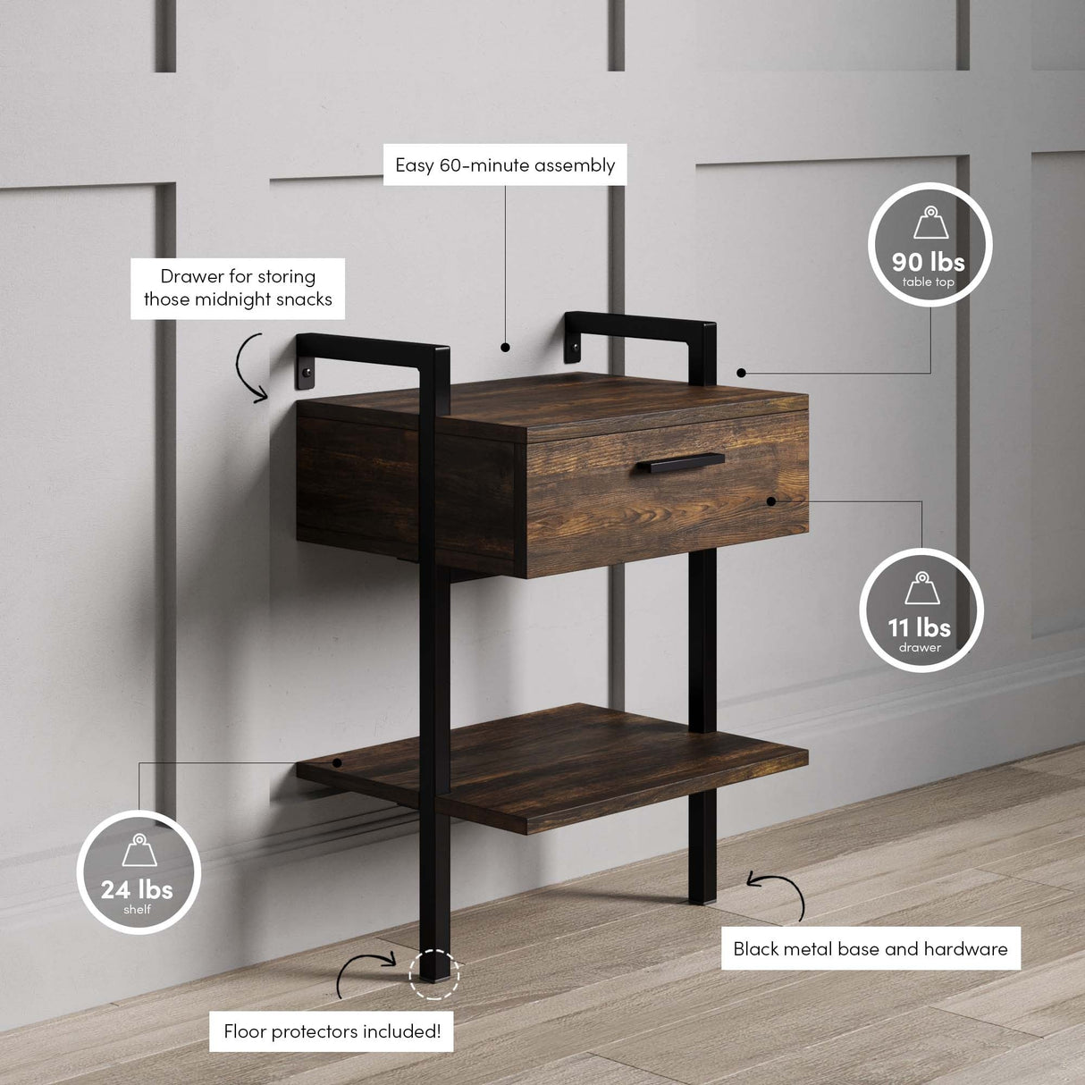 Nathan James Jenny Rustic Wall Mount Nightstand with Drawer and Storage Shelf