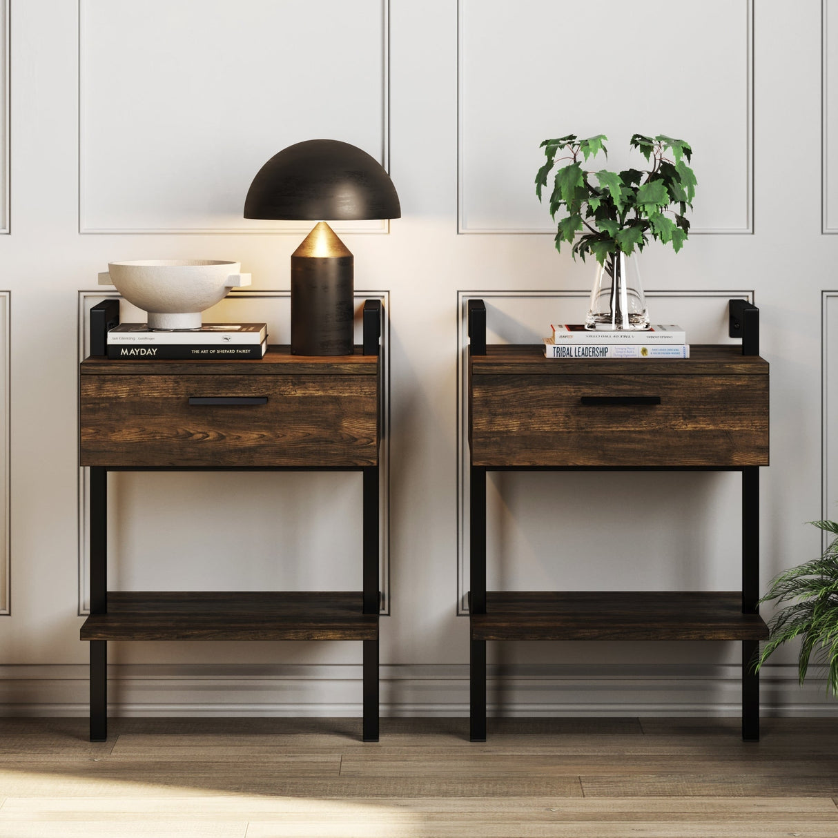 Nathan James Jenny Rustic Wall Mount Nightstand with Drawer and Storage Shelf